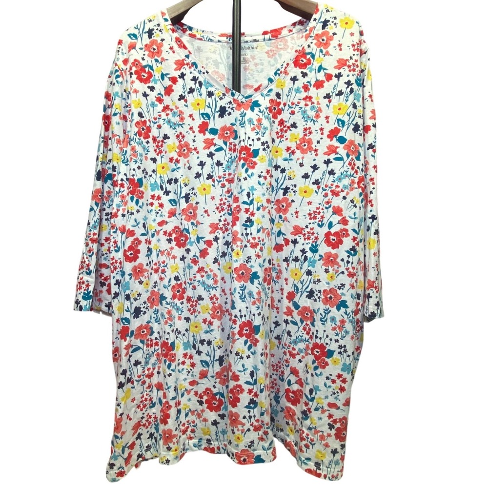 Woman Within Floral V-Neck 3/4 Sleeve Cotton Top Plus Size 3X 30/32‎ Multicolor
